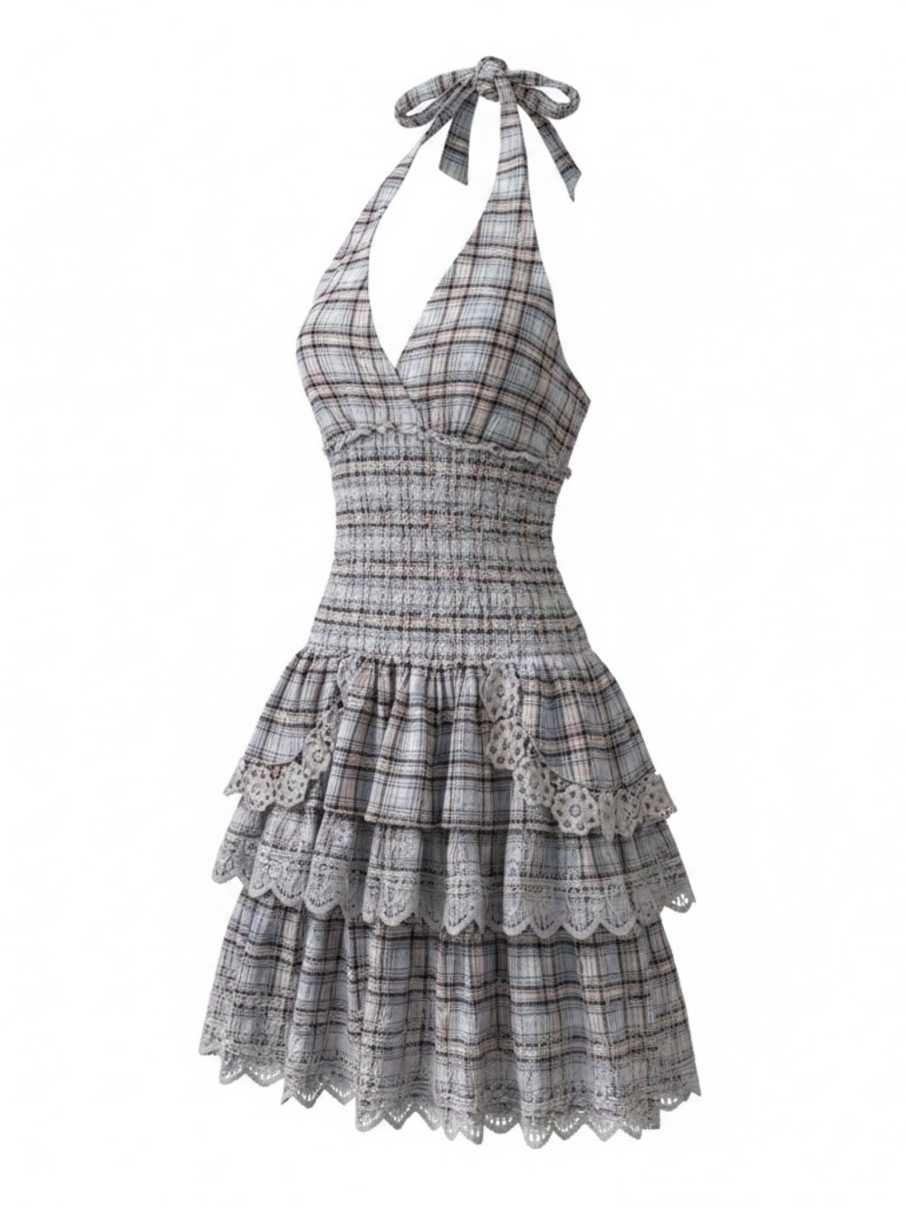 Halter Smocked Plaid Tiered Mini Dress - Gray